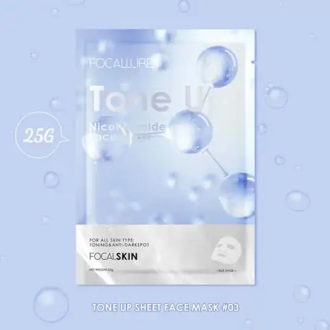 Focallure Tone Up face mask sachet, white and pink packaging, standing upright on display.