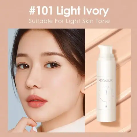Focallure Flawless Longwear Foundation 101 Light Ivory in a clear glass bottle with black pump.