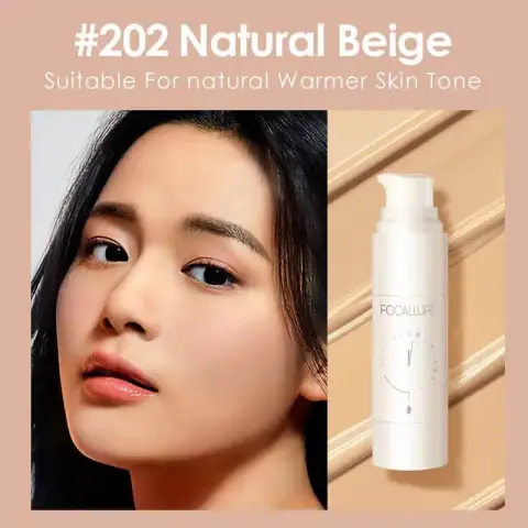 Focallure Flawless Longwear Foundation, Natural Beige 202, in a clear glass bottle with white pump.