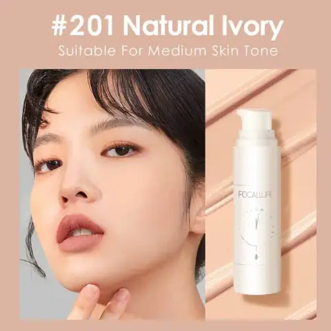 Focallure Flawless Longwear Foundation Natural Ivory 201 in a clear glass pump bottle with gold cap.