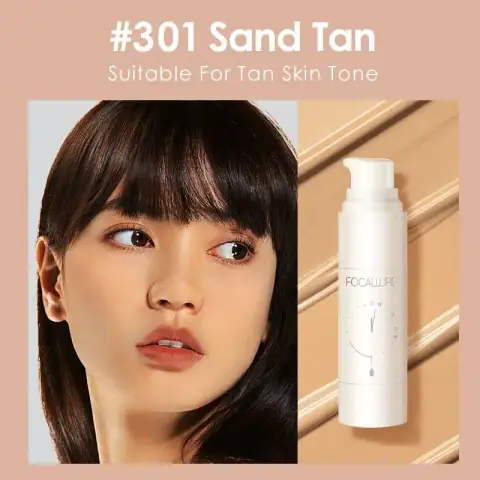 Focallure Flawless Longwear Foundation in Sand Tan #301, clear glass pump bottle, upright.
