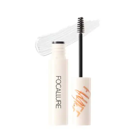 Focallure FLUFFMAX Clear Brow Mascara tube standing upright, its fine brush applicator displayed.