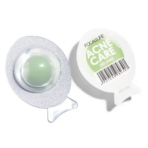 Focallure Acne Care Gel Mask in a clear jar, showcasing light green gel and white lid with spatula.