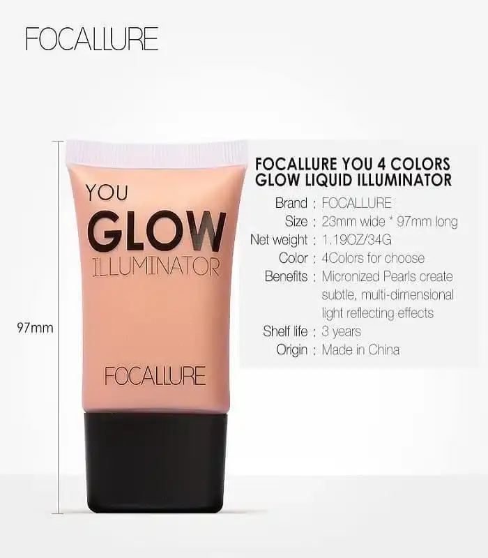 Close-up of Focallure Glow Illuminator tube showcasing brand logo and metallic rose gold finish. - thumbnail