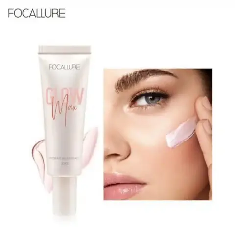 Focallure Glowmax Primer's iridescent pink-gold tube stands upright, showcasing brand and product name clearly.