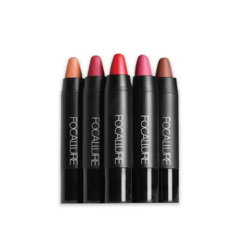 Focallure Lips Crayon lipsticks in twelve vibrant shades, neatly displayed standing upright in a clear tray. - thumbnail