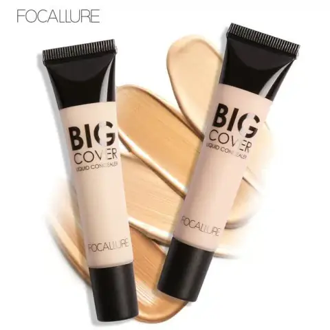Focallure Liquid Big Coverage Concealer bottle, clear packaging showing light beige shade, with black cap and wand applicator.