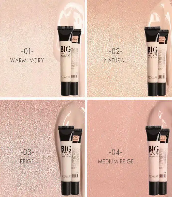 Three Focallure Liquid Big Coverage Concealers displaying light, medium, and natural shades in clear packaging. - thumbnail