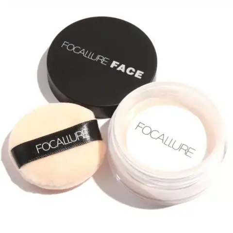 Focallure Fa15 Matte Loose Powder, transparent jar with gold lid, displaying product details clearly.