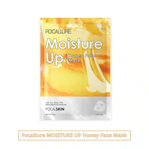 Focallure MOISTURE UP Honey Sheet Mask in glossy gold packaging with honeycomb texture, standing upright.