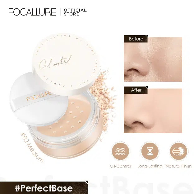 Focallure Poreless Matte Loose Powder 02 Medium in clear jar with rose gold lid and puff.