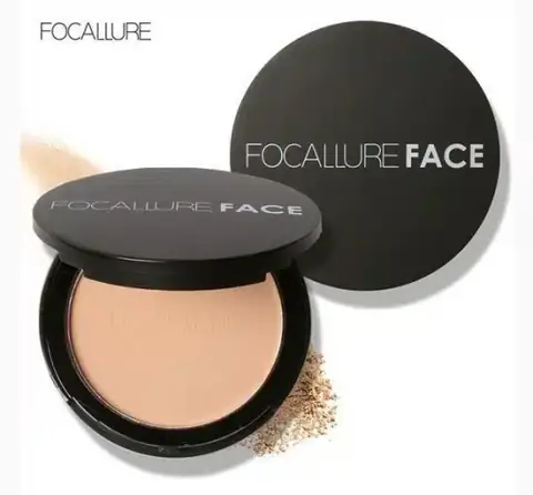 Focallure FA16 pressed powder in a sleek golden compact with clear lid, front view.