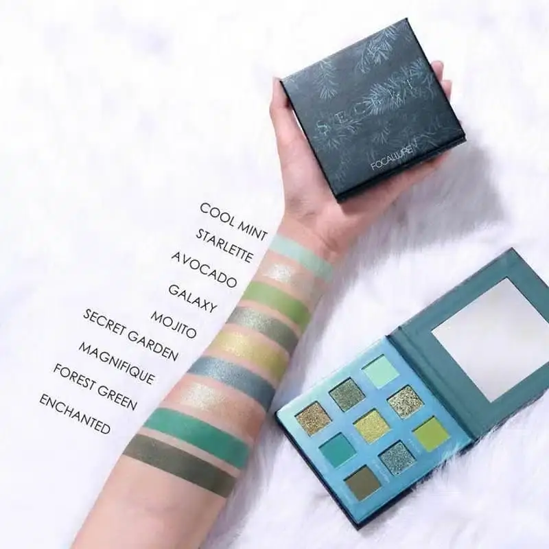 Open Focallure SECRET Green Eyeshadow Palette revealing nine vibrant green, gold, and brown shades. - thumbnail