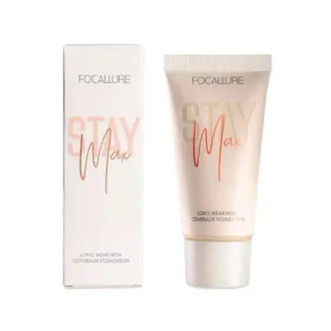 Front view of Focallure STAYMAX FA150 full coverage foundation, light beige tube, black cap.