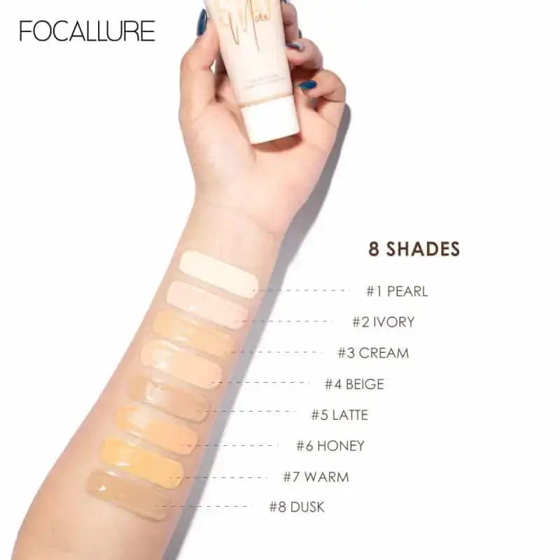 Three Focallure STAYMAX foundation swatches on an arm, highlighting smooth blendable texture. - thumbnail