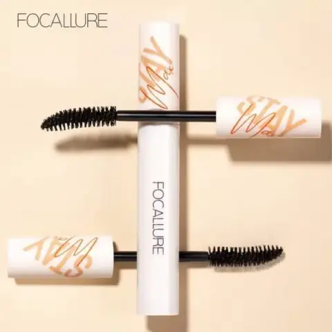 Focallure Staymax Waterproof Volumizing Mascara tube, black with silver branding, standing upright.