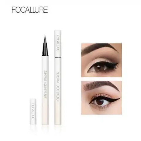 Focallure Superfine Eyeliner Pen in black, capped, standing upright with white body and gold details.
