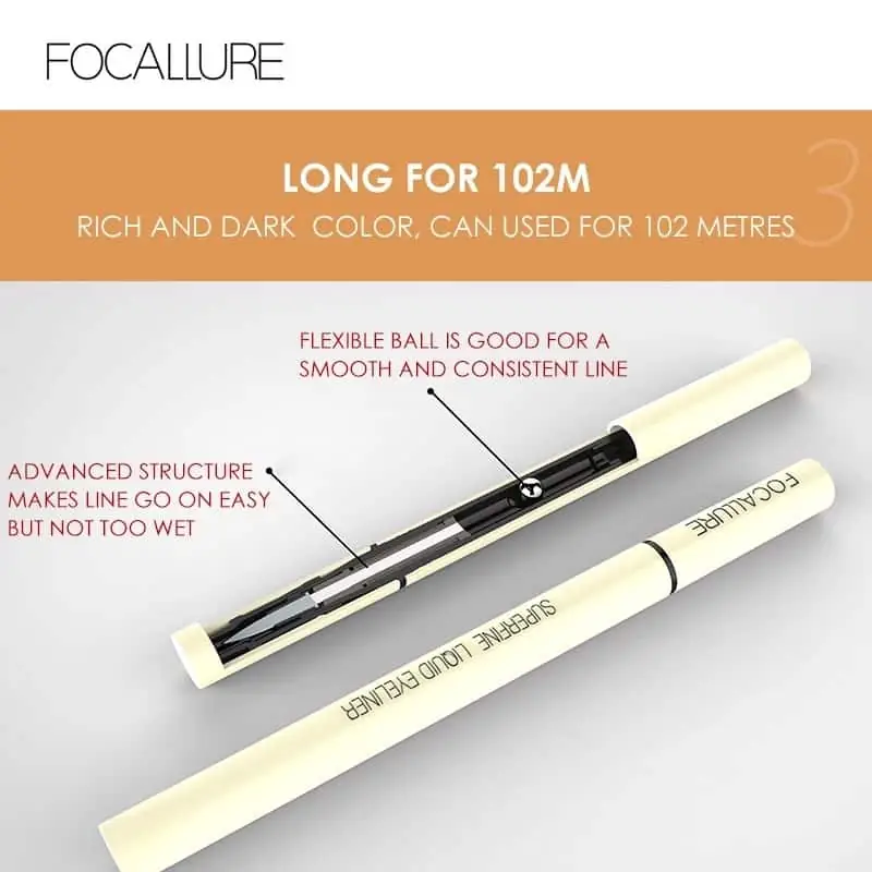 Focallure Superfine Eyeliner Pen lying next to its intense black, precise line swatch. - thumbnail