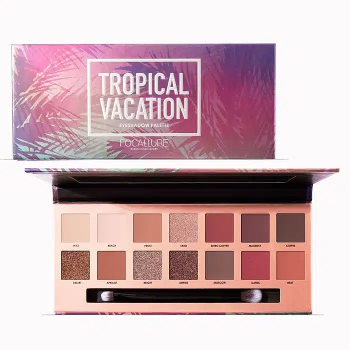 Focallure Tropical Vacation eyeshadow palette, closed, vibrant blue-green packaging with tropical leaf design, front view. - thumbnail