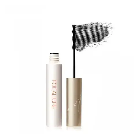 Focallure Waterproof Curling Mascara in a sleek black tube with silver branding, closed.