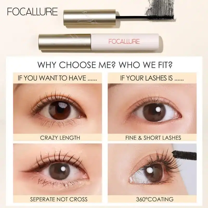 Open Focallure Waterproof Mascara showing the brush wand with black curling formula. - thumbnail
