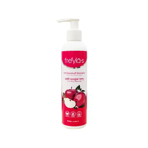 Freyias Anti Dandruff Shampoo with apple cider vinegar, 220ml, standing upright on a white background.