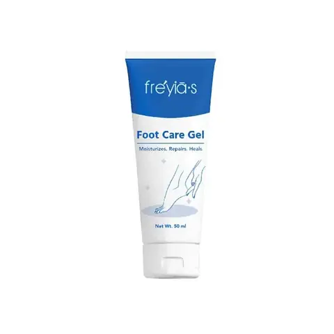 Freyias 50ml Foot Care Gel tube, white and green, displayed clearly on a bright white background.