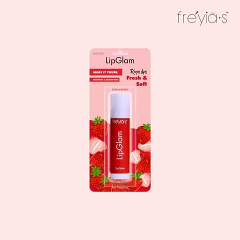 Freyias Strawberry LipGlam in a clear pink tube, standing upright with a white cap.