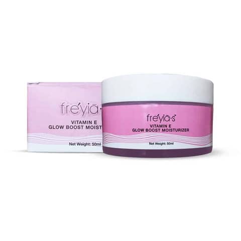Freyias Vitamin E Glow Boost Moisturizer 50ml, white jar with elegant gold cap and label.