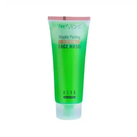 Freyias Weekly Peeling Face Wash with Aloe Vera, 100g green tube, white cap, prominent branding.