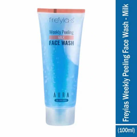 Freyias Weekly Peeling Face Wash Milk 100g white tube, prominent green leafy branding.