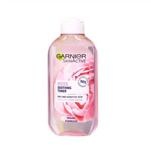 Garnier Rose Soothing Toner with Rose Water, 200ml clear pink bottle, white cap.