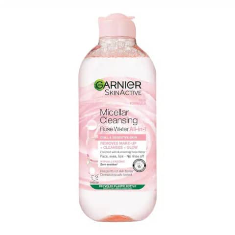 Upright Garnier Skinactive Micellar Water 400ml bottle, clear liquid, prominent rose water label, pink cap.