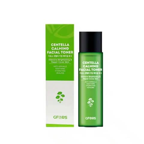 GFORS Centella Calming Facial Toner clear pump bottle, green-white label, with water droplets for freshness.