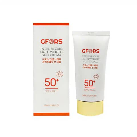 GFORS Intense Care Lightweight Sun Cream SPF50 tube, white packaging, prominent green cap.