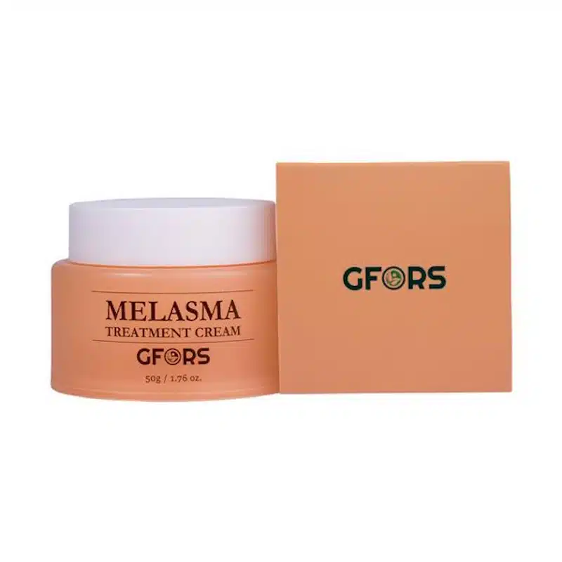 GFORS Melasma Treatment Cream 50gm jar and branded box, the open jar reveals white cream. - thumbnail