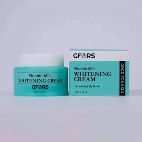 White GFORS Vitamin Milk Whitening Cream 50ml jar, front view, with a vibrant red lid.