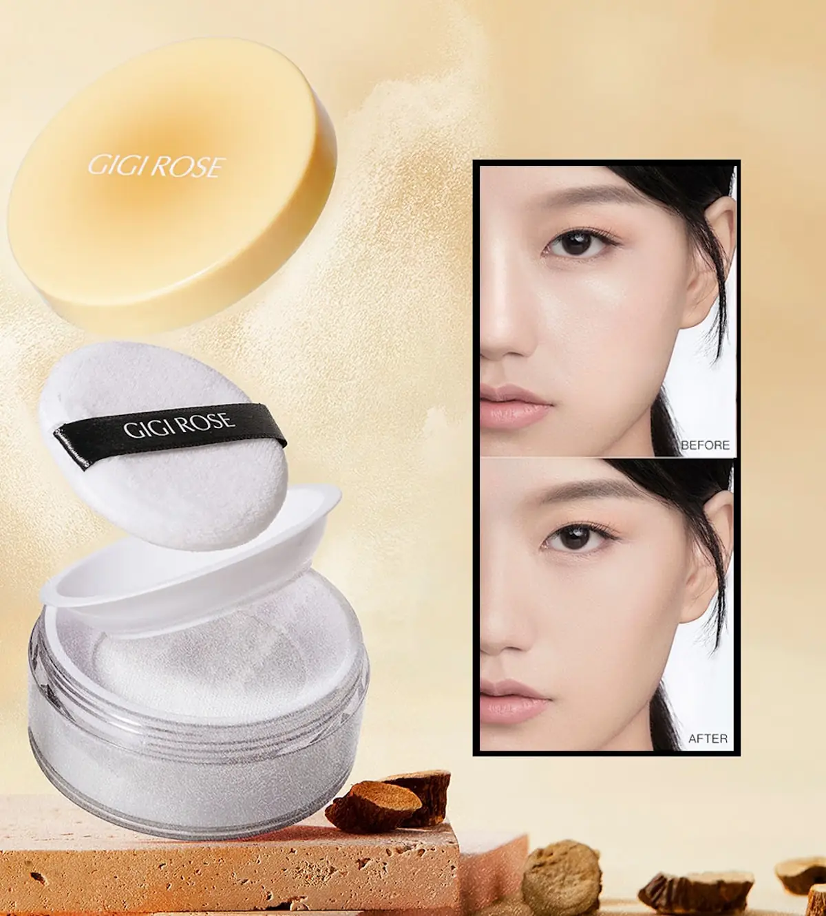 GiGi Rose Translucent Loose Powder with lid off, showing white powder and puff inside. - thumbnail