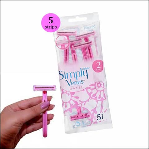 Gillette Simply Venus Basic Razors for women, five pink-handled disposable razors in clear retail packaging.
