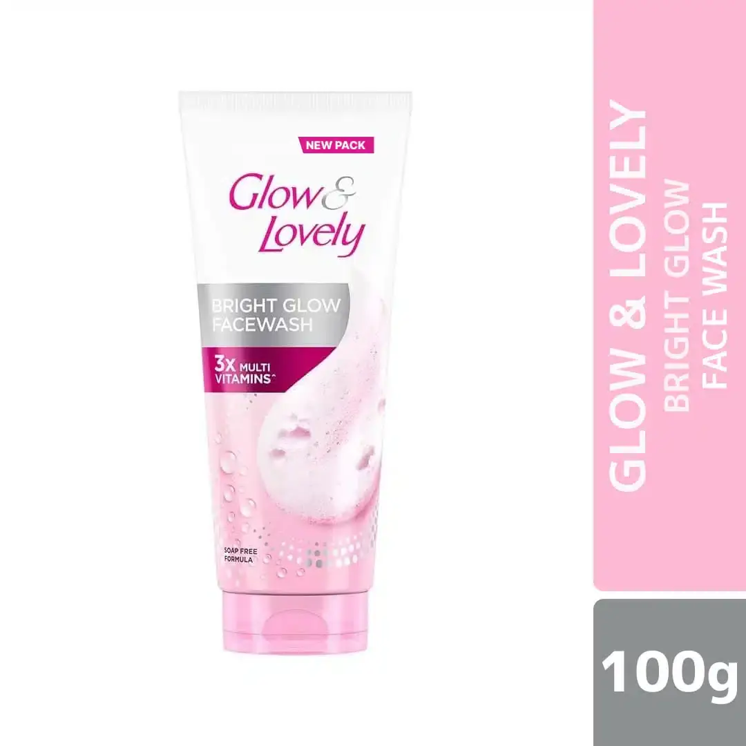 Glow & Lovely Bright Glow Facewash 100gm tube, front view, white and orange packaging with pump. - thumbnail
