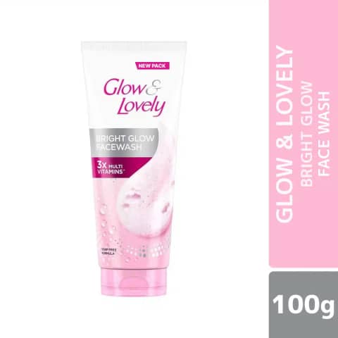 Glow & Lovely Bright Glow Facewash 100gm tube, front view, white and orange packaging with pump.