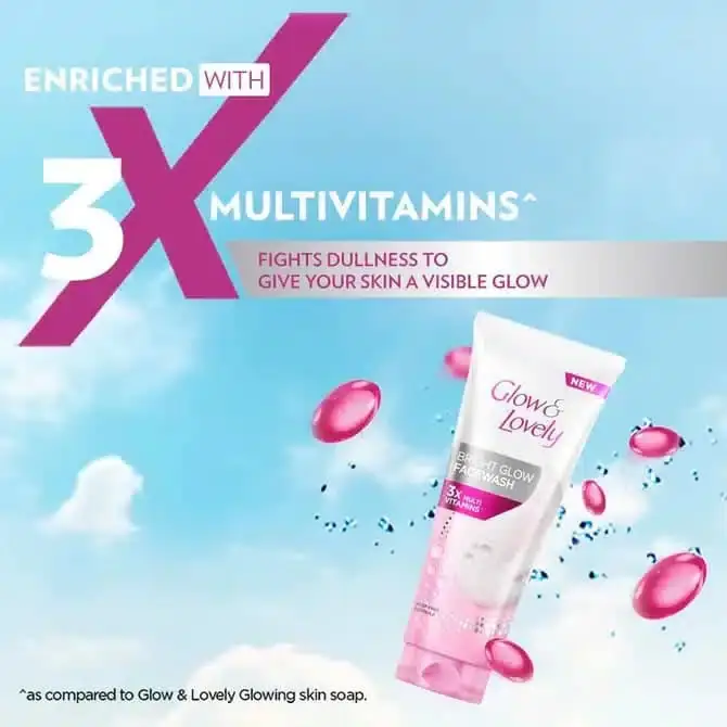 Close-up of Glow & Lovely Facewash 100gm tube's back, detailing product information and ingredients. - thumbnail