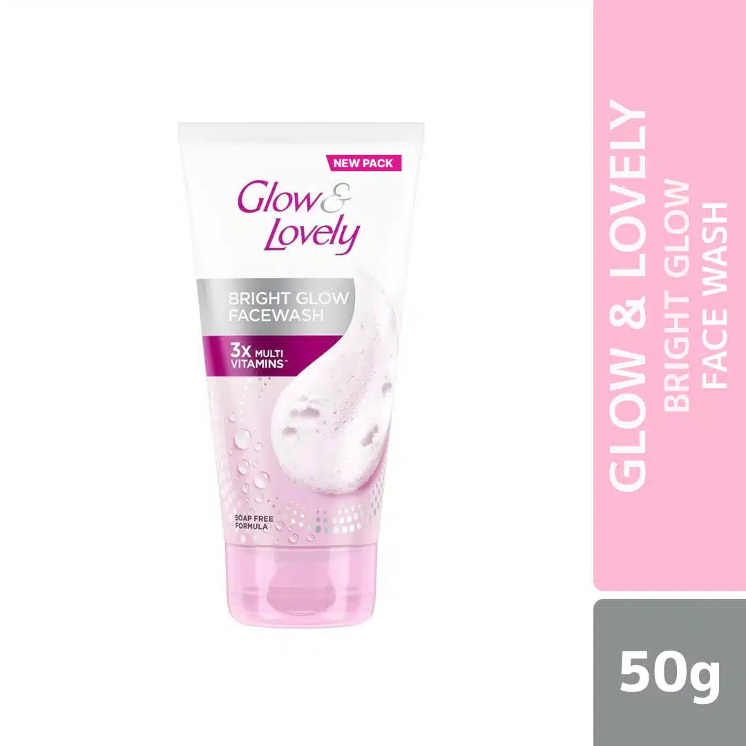 Glow & Lovely Bright Glow Facewash 50gm tube, front view, white packaging with pink accents. - thumbnail