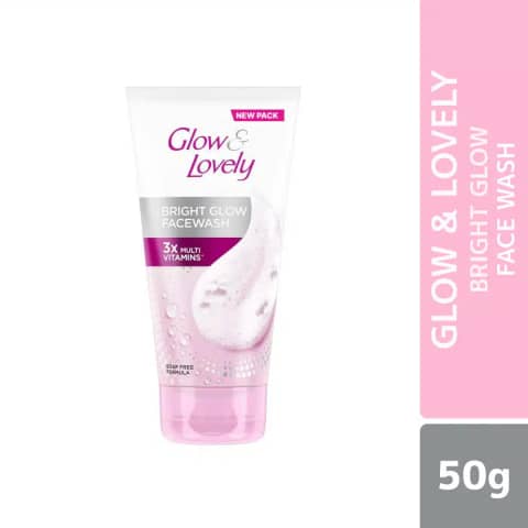 Glow & Lovely Bright Glow Facewash 50gm tube, front view, white packaging with pink accents.