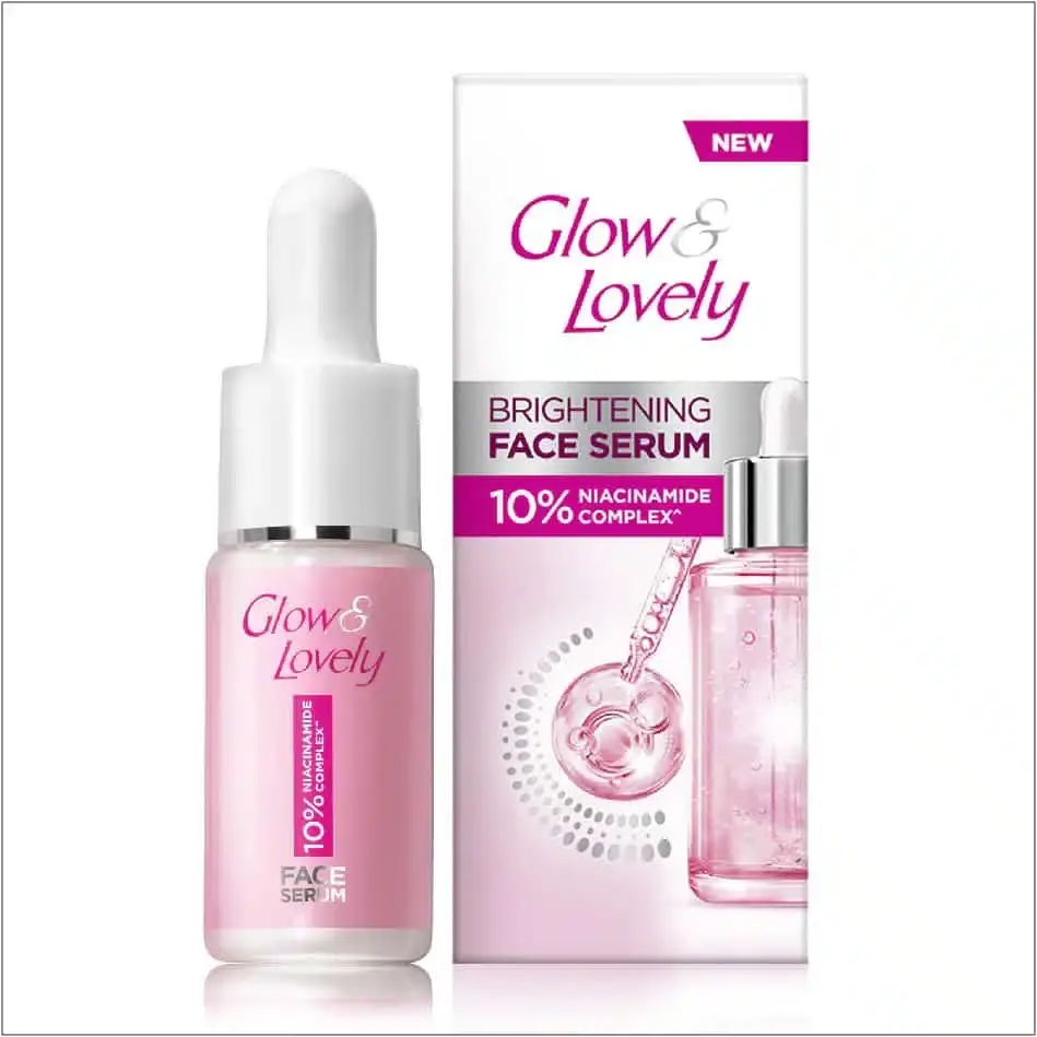 Glow & Lovely Brightening Face Serum bottle with the cap off, showing the clear glass dropper. - thumbnail