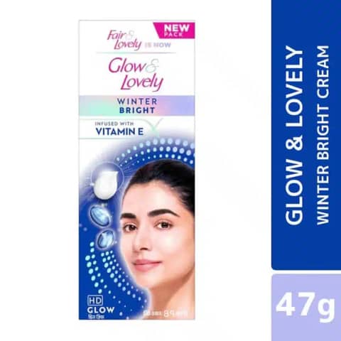 Glow & Lovely Winter Bright Vitamin E HD Glow Skin Cream 47gm in white jar with pink lid.