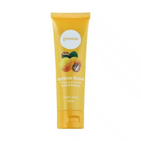 Groome Apricot Scrub with Walnut Shell Powder, 100ml orange tube, dark brown cap, upright.