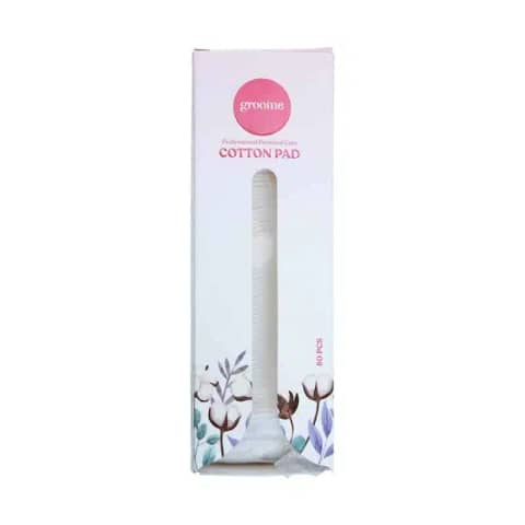 Groome brand 80-piece round cotton pads clearly visible in transparent soft packaging.