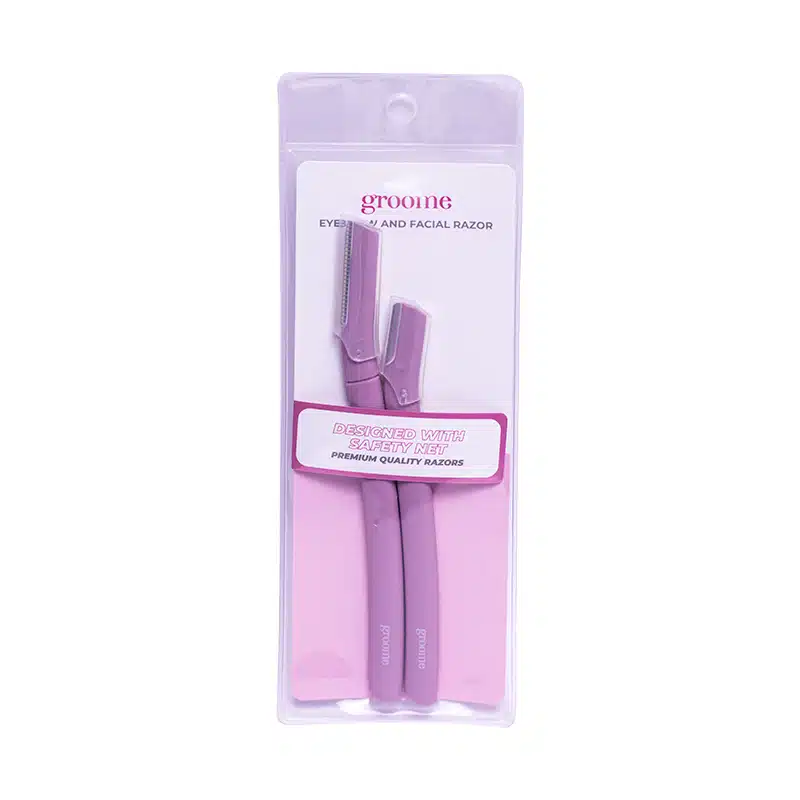 Groome eyebrow and facial razors in pink, blue, and yellow with clear plastic packaging. - thumbnail