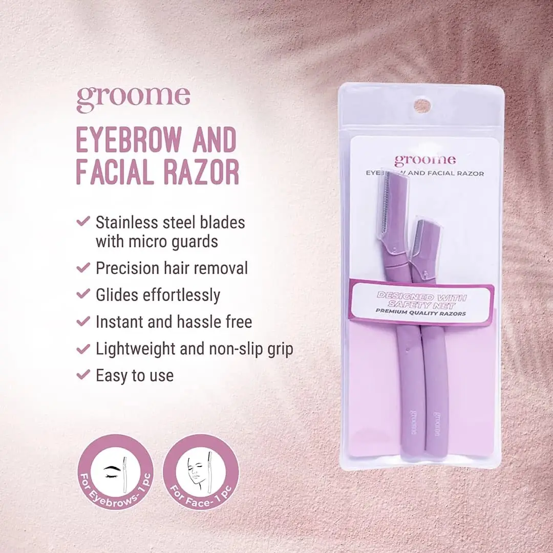 Close-up of Groome eyebrow and facial razor two-pack packaging, highlighting features "Gentle & Painless". - thumbnail